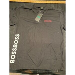 Hugo Boss Mens Black Graphic Logo Polo Shirt Short Sleeve Pique New